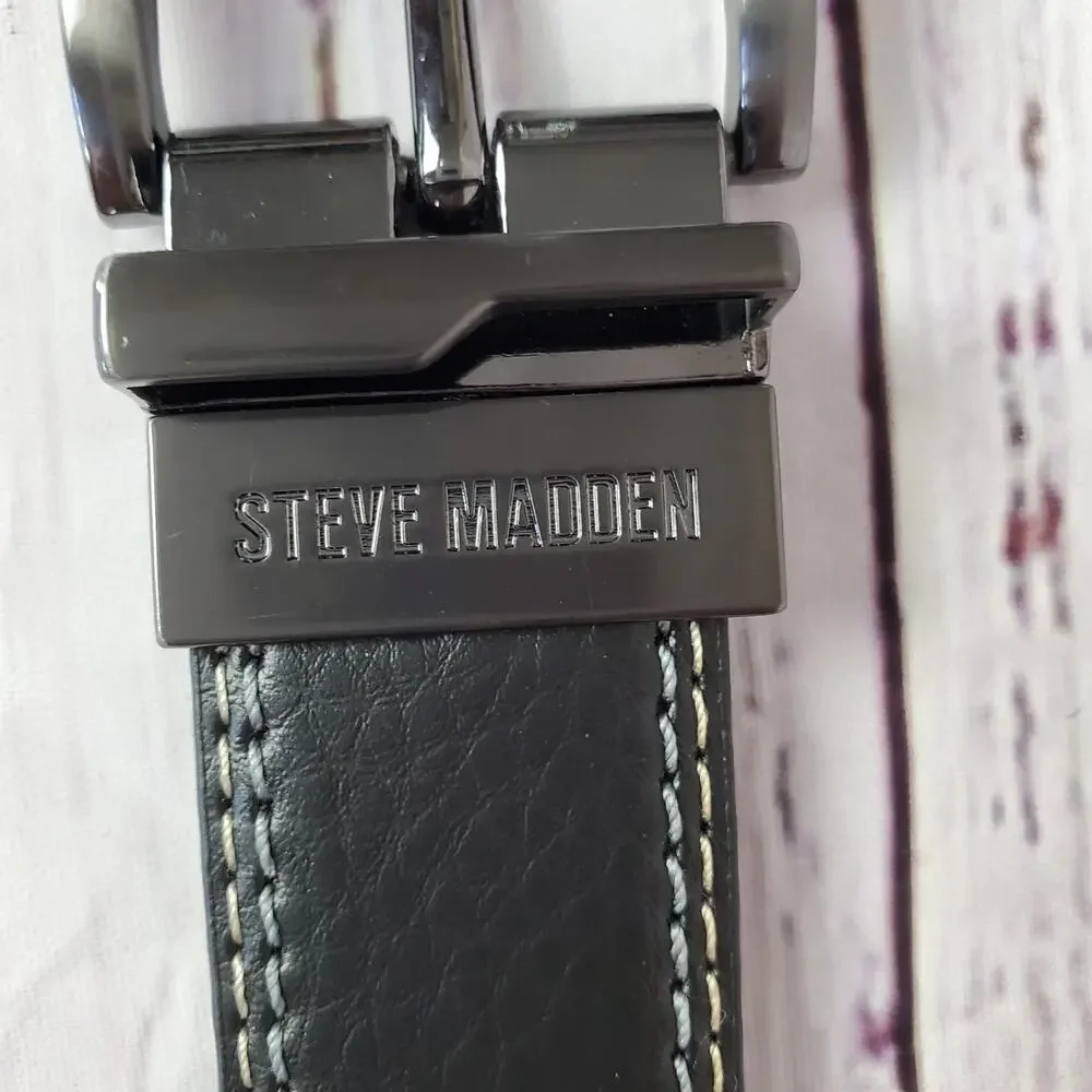 Steve Madden Women's Black Faux Leather Belt White & Blue Stitch Size Small NWT